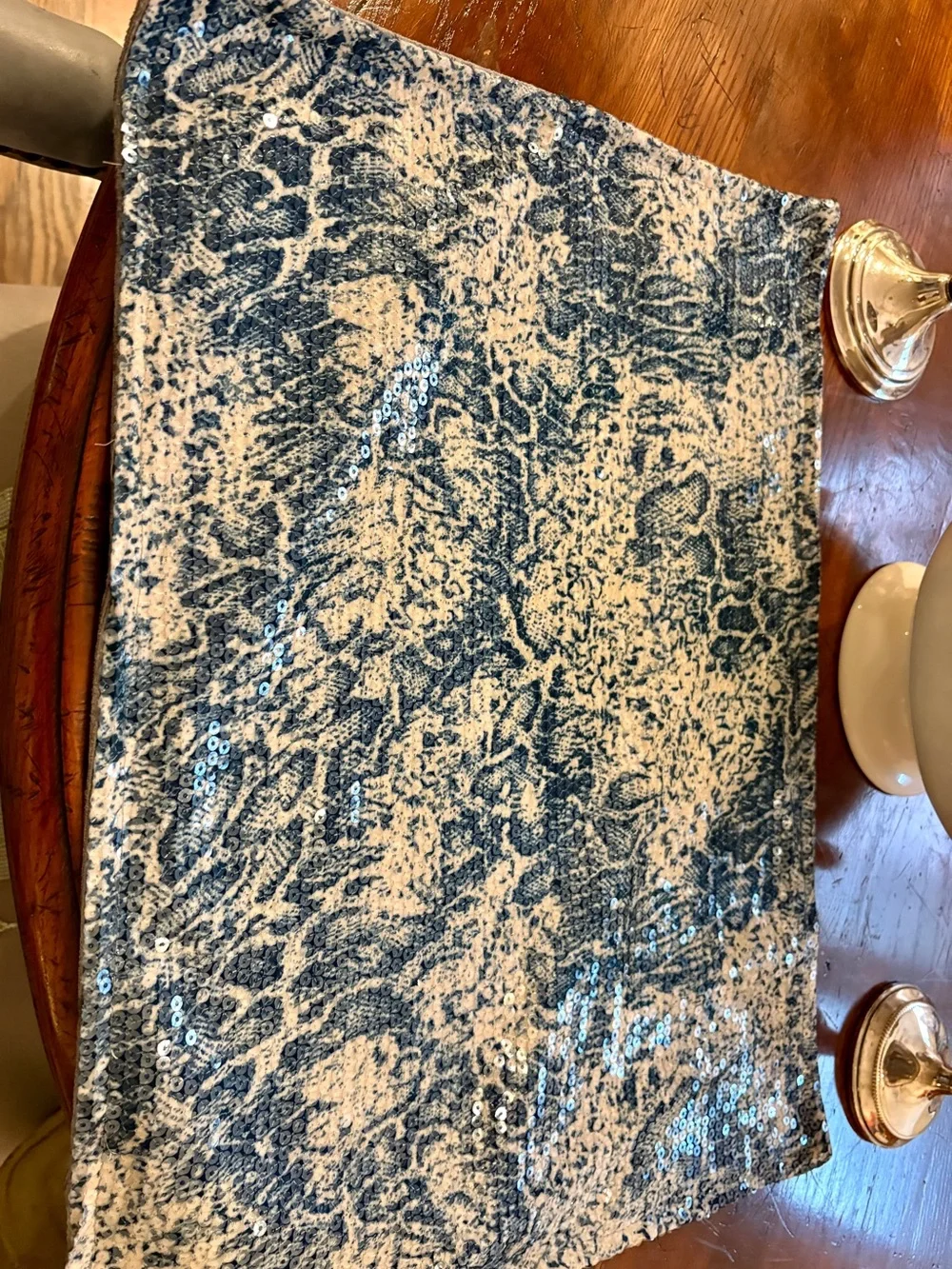 Sequined Azure Blue and Cream Snakeskin  Print Fabric Placemats.